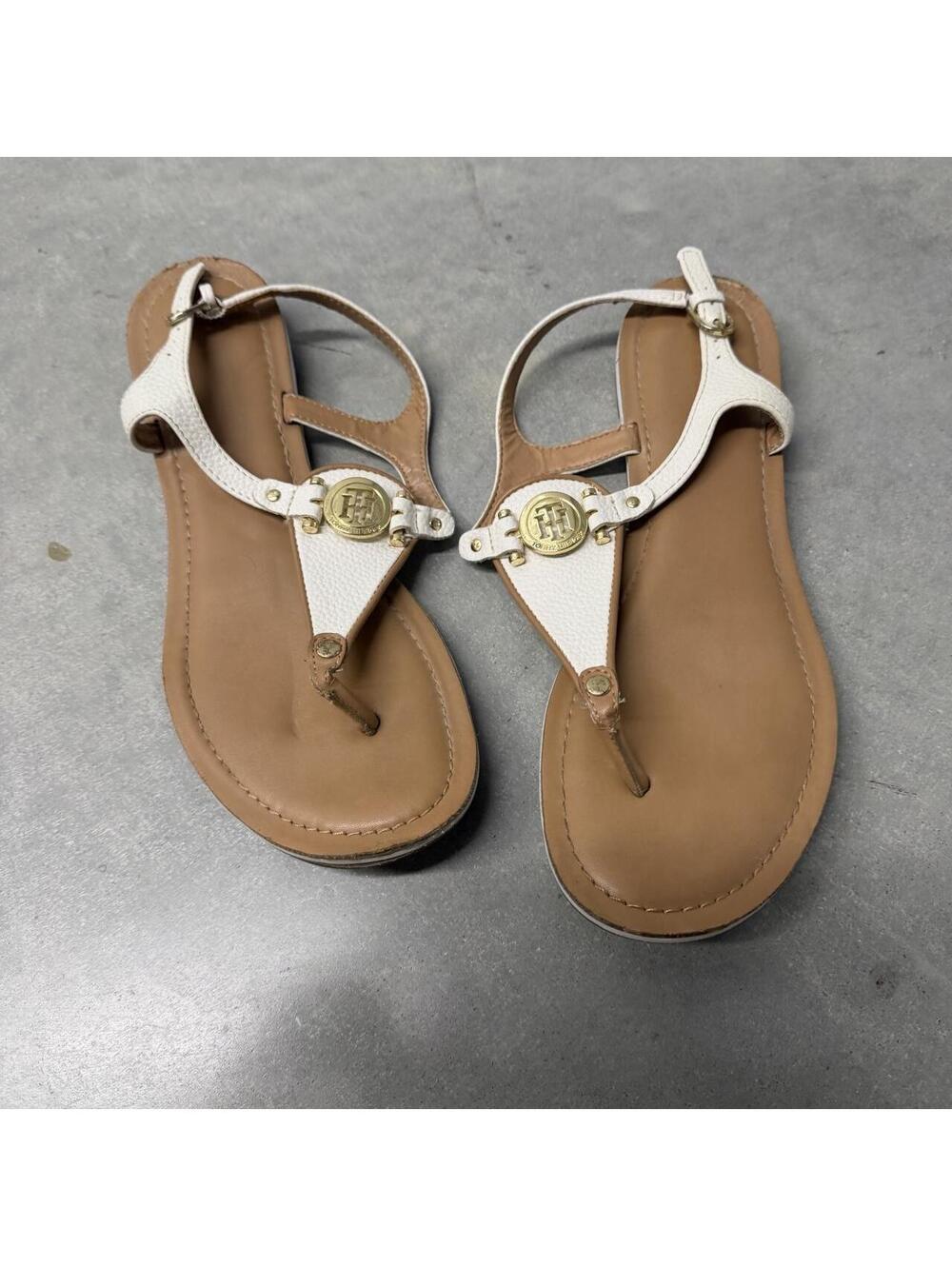 Tommy Hilfiger Women’s Size 9 White Tan T-Strap Thong Sandals Gold Logo